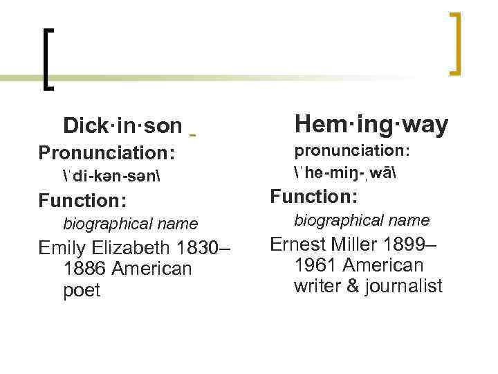 Dick·in·son Pronunciation: ˈdi-kən-sən Function: biographical name Emily Elizabeth 1830– 1886 American poet Hem·ing·way pronunciation: