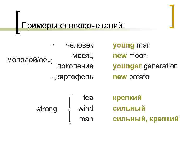 Примеры словосочетаний: молодой/ое человек месяц поколение картофель young man new moon younger generation new