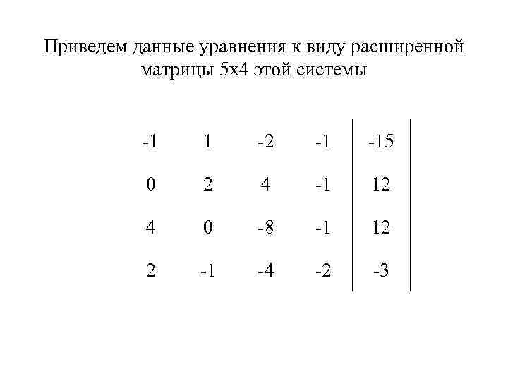 Приведем данные уравнения к виду расширенной матрицы 5 х4 этой системы -1 1 -2