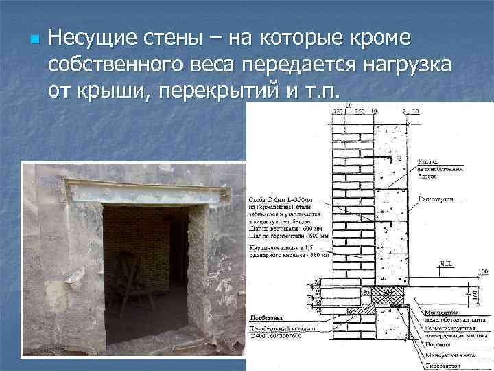 n Несущие стены – на которые кроме собственного веса передается нагрузка от крыши, перекрытий