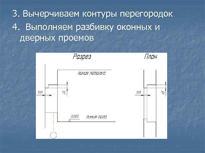 3. Вычерчиваем контуры перегородок 4. Выполняем разбивку оконных и дверных проемов 