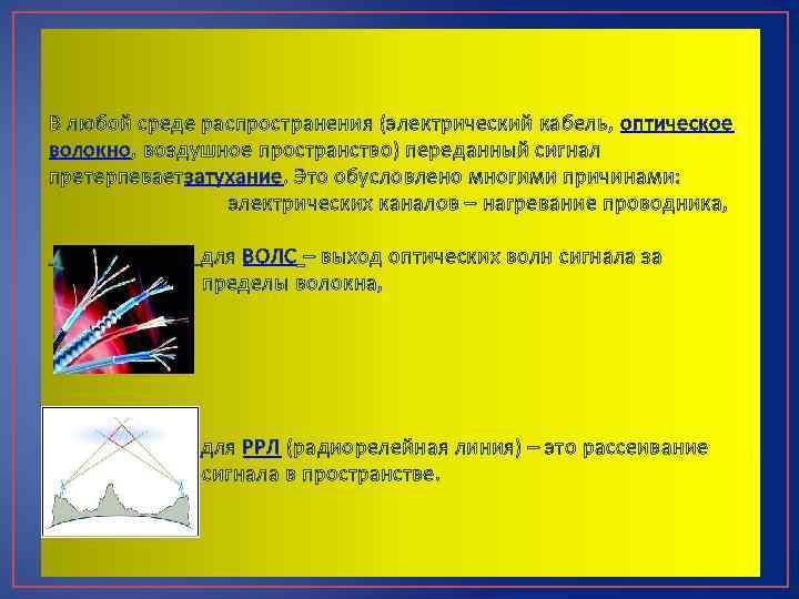 В любой среде распространения (электрический кабель, оптическое волокно, воздушное пространство) переданный сигнал претерпеваетзатухание. Это