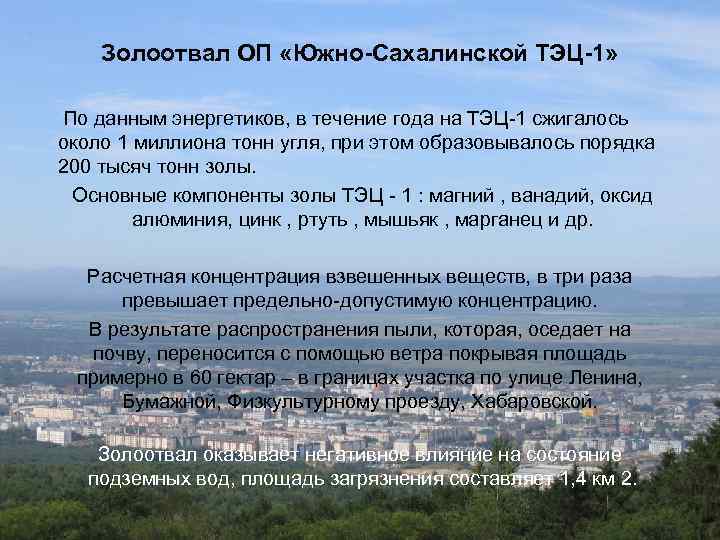 Золоотвал ОП «Южно-Сахалинской ТЭЦ-1» По данным энергетиков, в течение года на ТЭЦ-1 сжигалось около