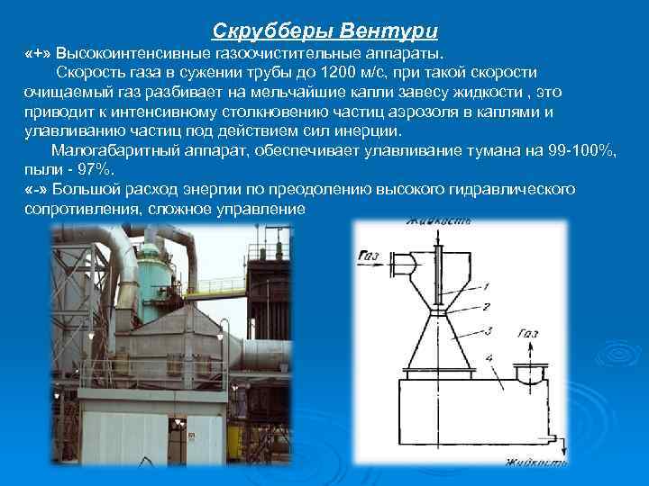 Скрубберы Вентури «+» Высокоинтенсивные газоочистительные аппараты. Скорость газа в сужении трубы до 1200 м/с,