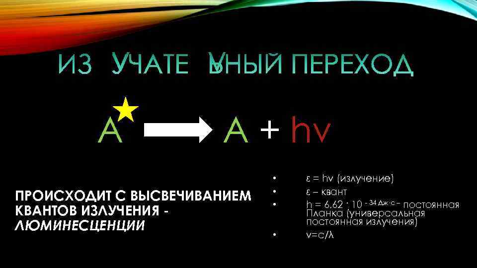 А А + hv ПРОИСХОДИТ С ВЫСВЕЧИВАНИЕМ КВАНТОВ ИЗЛУЧЕНИЯ ЛЮМИНЕСЦЕНЦИИ • • ε =