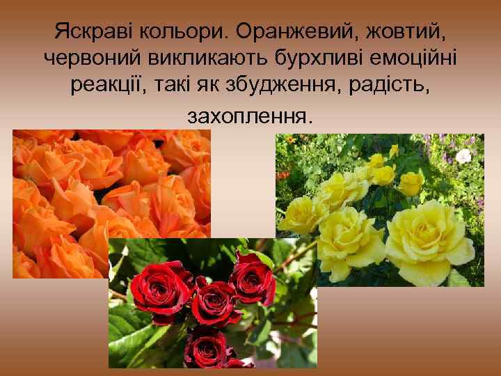 Яскраві кольори. Оранжевий, жовтий, червоний викликають бурхливі емоційні реакції, такі як збудження, радість, захоплення.