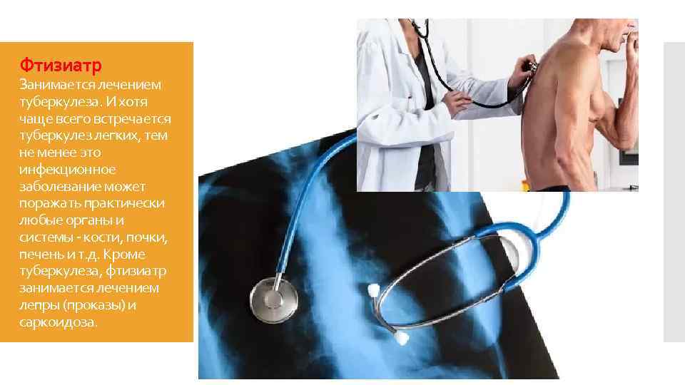 Фтизиатр Занимается лечением туберкулеза. И хотя чаще всего встречается туберкулез легких, тем не менее