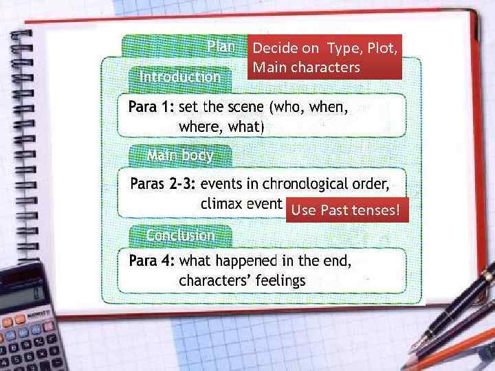 Decide on Type, Plot, Main characters Use Past tenses! 