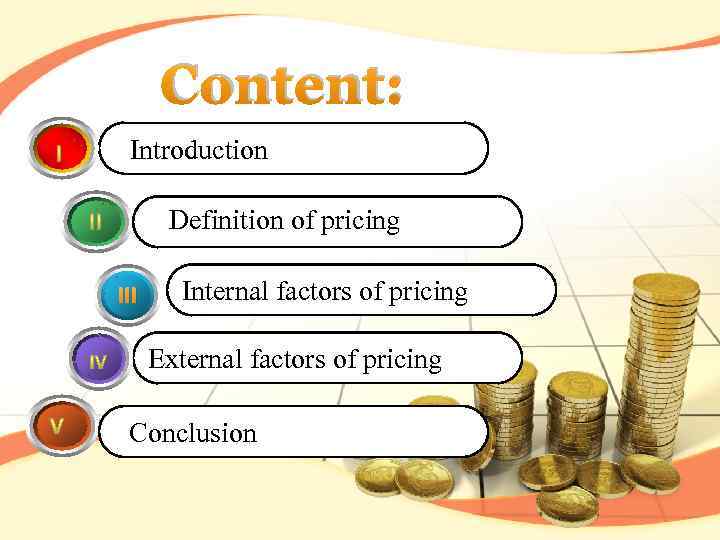 Content: Introduction Definition of pricing III Internal factors of pricing External factors of pricing