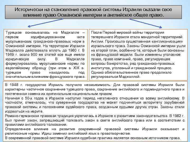 Исторически на становление правовой системы Израиля оказали свое влияние право Османской империи и английское