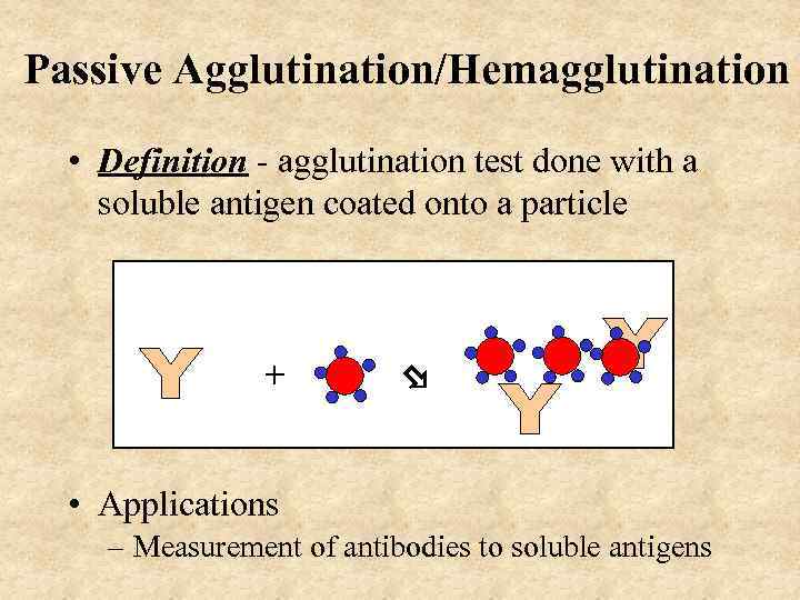 Passive Agglutination/Hemagglutination • Definition - agglutination test done with a soluble antigen coated onto