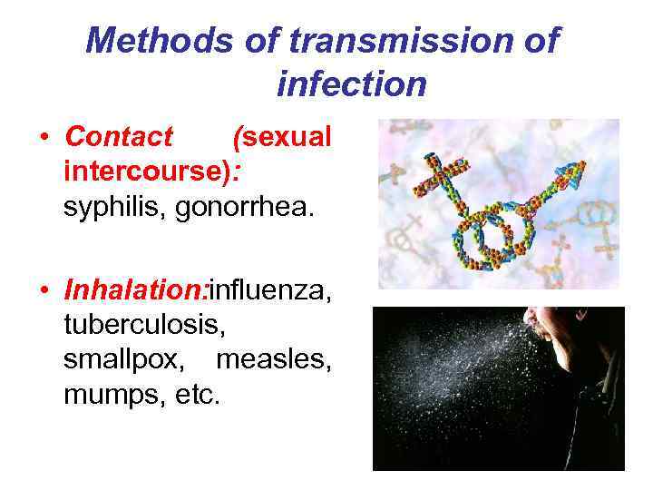 Methods of transmission of infection • Contact (sexual intercourse): syphilis, gonorrhea. • Inhalation: influenza,