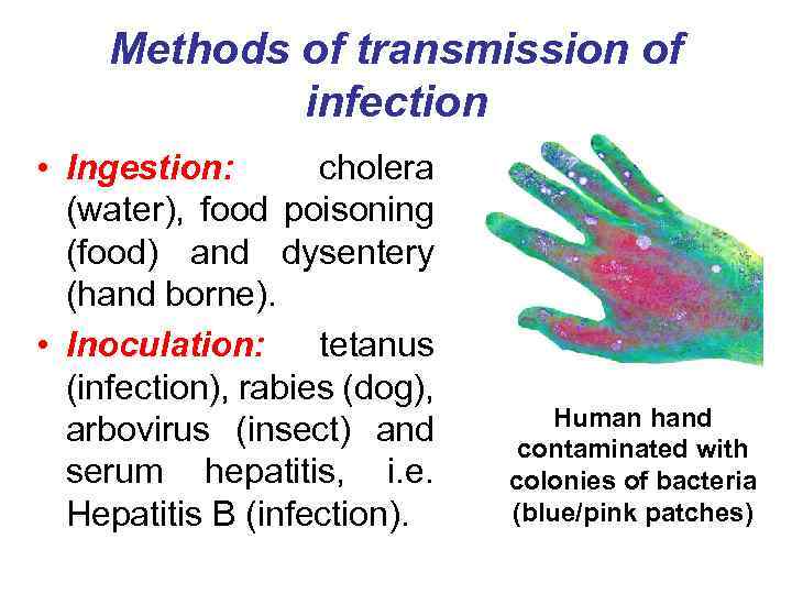 Methods of transmission of infection • Ingestion: cholera (water), food poisoning (food) and dysentery