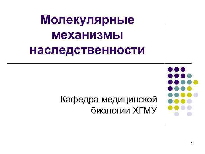 Молекулярные механизмы наследственности Кафедра медицинской биологии ХГМУ 1 