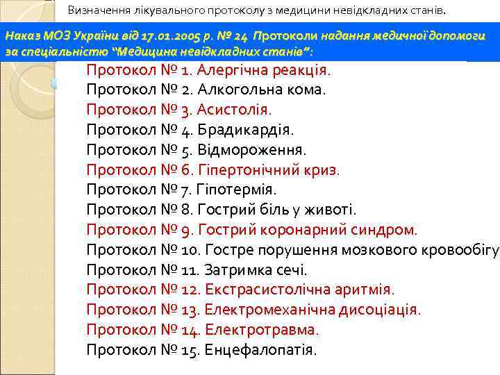 Визначення лікувального протоколу з медицини невідкладних станів. Наказ МОЗ України від 17. 01. 2005