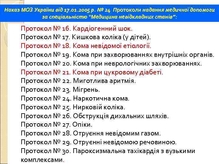 Наказ МОЗ України від 17. 01. 2005 р. № 24 Протоколи надання медичної допомоги