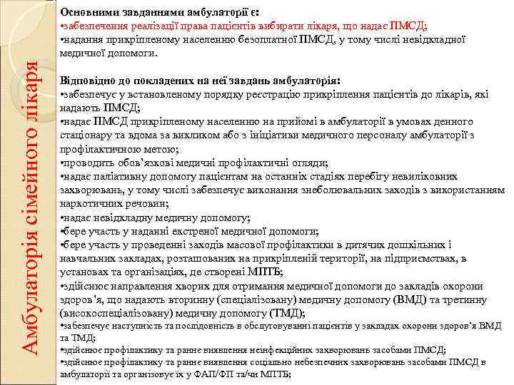 Амбулаторія сімейного лікаря Основними завданнями амбулаторії є: • забезпечення реалізації права пацієнтів вибирати лікаря,