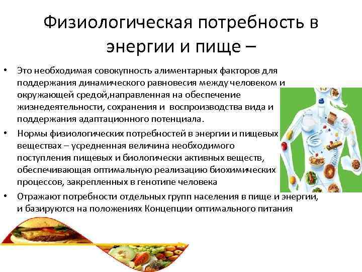 Физиологическая потребность в энергии и пище – • Это необходимая совокупность алиментарных факторов для