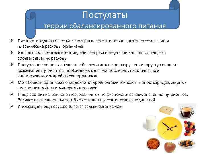 Постулаты теории сбалансированного питания Ø Питание поддерживает молекулярный состав и возмещает энергетические и пластические