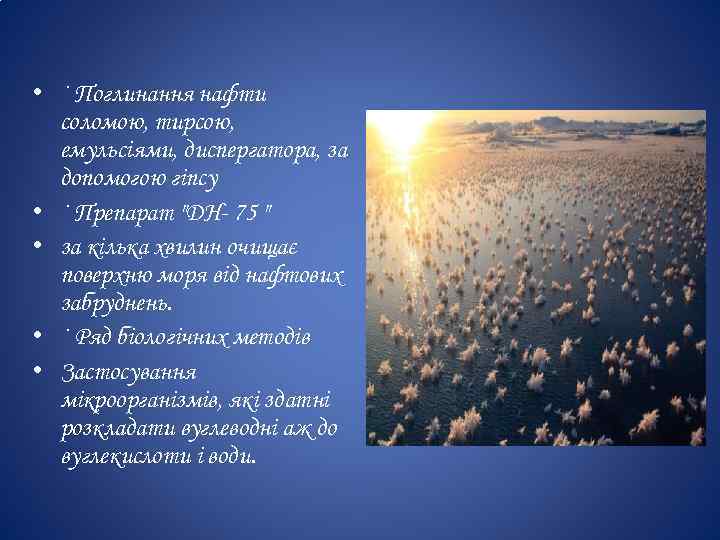  • · Поглинання нафти соломою, тирсою, емульсіями, диспергатора, за допомогою гіпсу • ·
