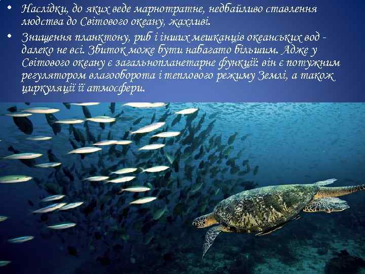  • Наслідки, до яких веде марнотратне, недбайливо ставлення людства до Світового океану, жахливі.