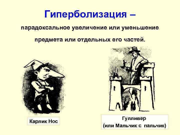 Гиперболизация – парадоксальное увеличение или уменьшение предмета или отдельных его частей. Карлик Нос Гулливер