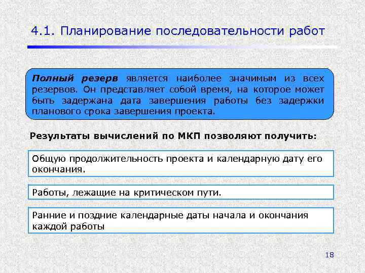 4. 1. Планирование последовательности работ Полный резерв является наиболее значимым из всех резервов. Он