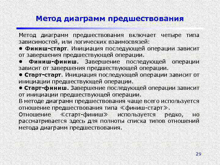 Метод диаграмм предшествования включает четыре типа зависимостей, или логических взаимосвязей: • Финиш-старт. Инициация последующей