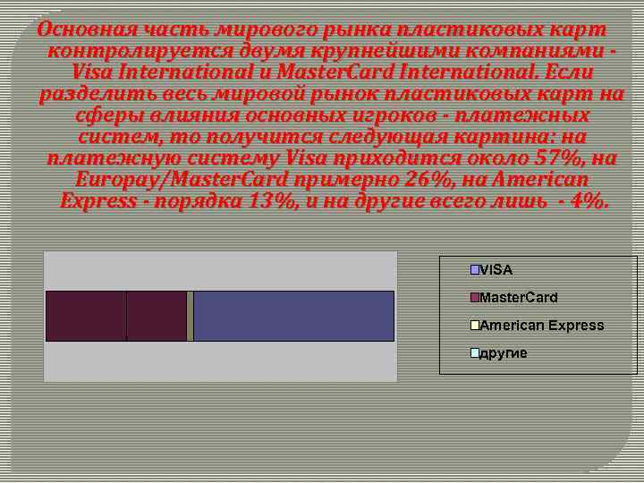 Основная часть мирового рынка пластиковых карт контролируется двумя крупнейшими компаниями Visa International и Master.