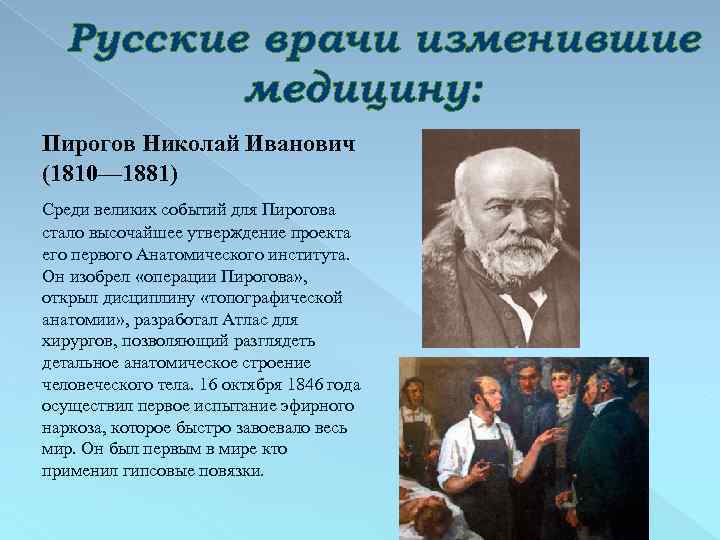 Русские врачи изменившие медицину: Пирогов Николай Иванович (1810— 1881) Среди великих событий для Пирогова