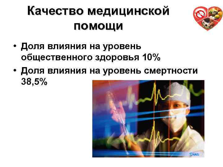 10 Качество медицинской помощи • Доля влияния на уровень общественного здоровья 10% • Доля