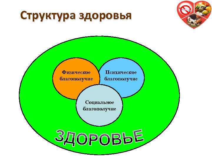 Структура здоровья Физическое благополучие Психическое благополучие Социальное благополучие 