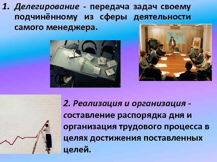 1. Делегирование - передача задач своему подчинённому из сферы деятельности самого менеджера. 2. Реализация