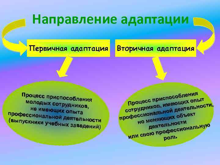 Направление адаптации Первичная адаптация Процесс прис пособления молодых сот рудников, не имеющих опыта профессиона