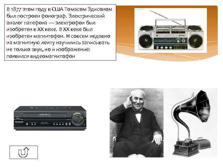 В 1877 этом году в США Томасом Эдисоном был построен фонограф. Электрический аналог патефона