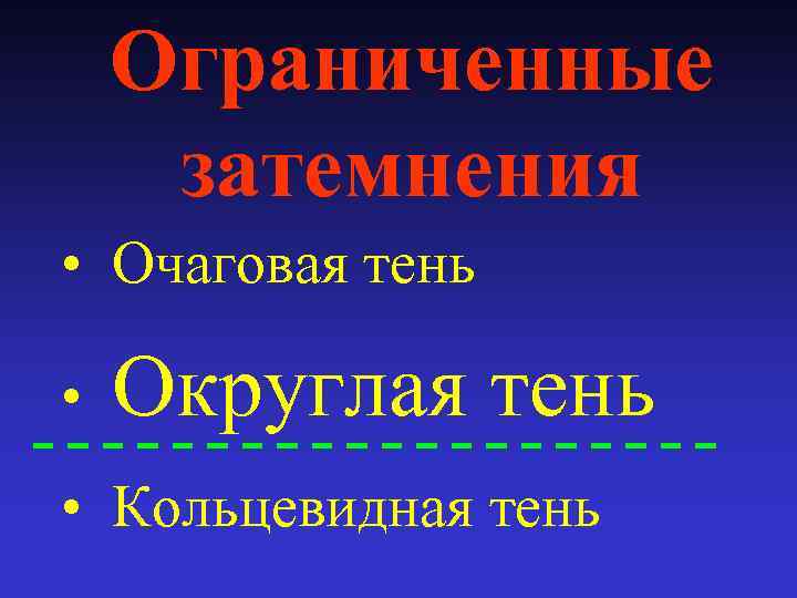 Ограниченные затемнения • Очаговая тень • Округлая тень • Кольцевидная тень 