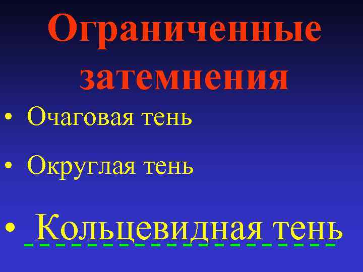 Ограниченные затемнения • Очаговая тень • Округлая тень • Кольцевидная тень 