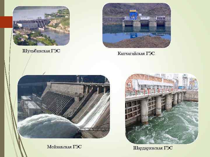 Шульбинская ГЭС Мойнакская ГЭС Капчагайская ГЭС Шардаринская ГЭС 
