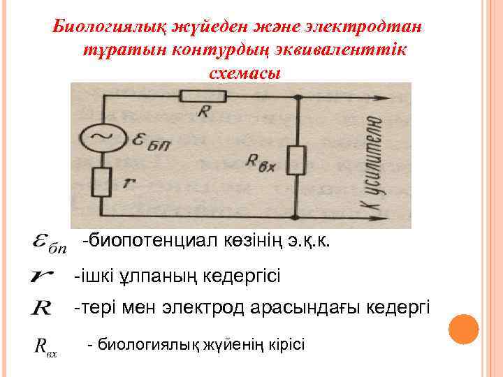 Биологиялық жүйеден және электродтан тұратын контурдың эквиваленттік схемасы -биопотенциал көзінің э. қ. к. -ішкі