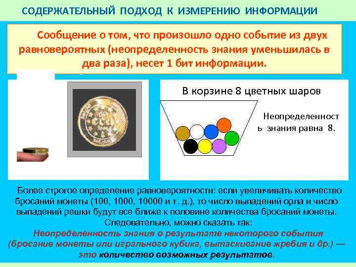 СОДЕРЖАТЕЛЬНЫЙ ПОДХОД К ИЗМЕРЕНИЮ ИНФОРМАЦИИ Сообщение о том, что произошло одно событие из двух