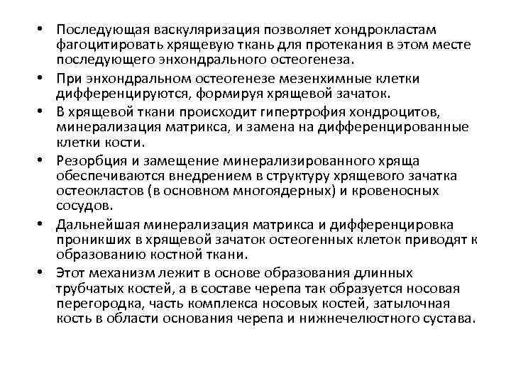  • Последующая васкуляризация позволяет хондрокластам фагоцитировать хрящевую ткань для протекания в этом месте