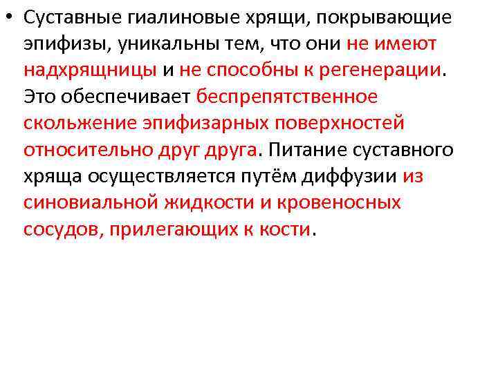  • Суставные гиалиновые хрящи, покрывающие эпифизы, уникальны тем, что они не имеют надхрящницы