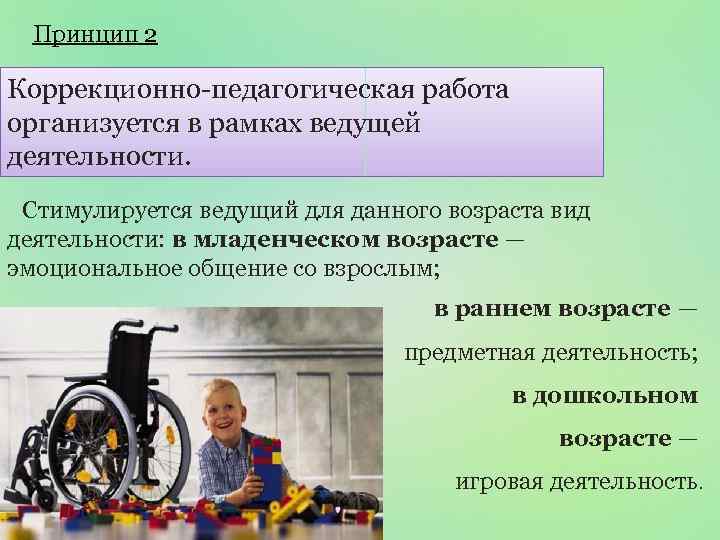 Принцип 2 Коррекционно-педагогическая работа организуется в рамках ведущей деятельности. Стимулируется ведущий для данного возраста