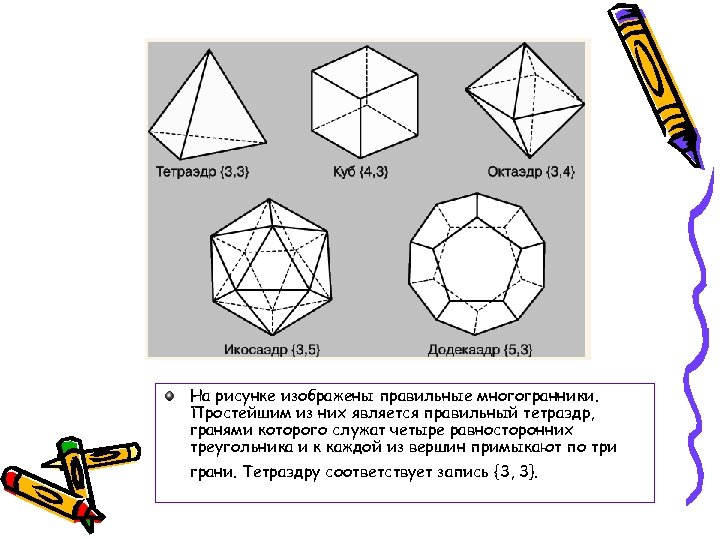 На рисунке изображены правильные многогранники. Простейшим из них является правильный тетраэдр, гранями которого служат