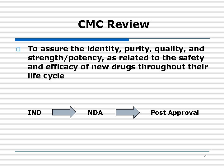 CMC Review o To assure the identity, purity, quality, and strength/potency, as related to
