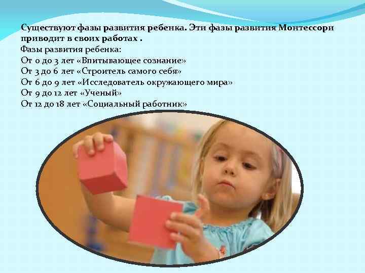 Существуют фазы развития ребенка. Эти фазы развития Монтессори приводит в своих работах. Фазы развития