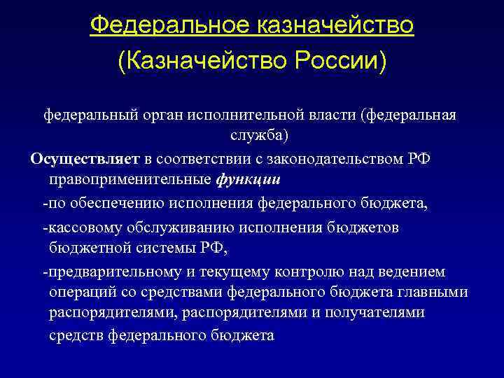 Федеральное казначейство (Казначейство России) федеральный орган исполнительной власти (федеральная служба) Осуществляет в соответствии с