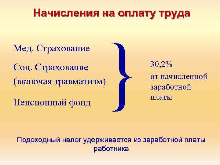 Начисления на оплату труда Мед. Страхование Соц. Страхование (включая травматизм) Пенсионный фонд } 30,