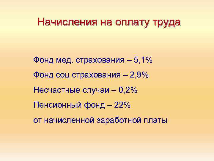 Начисления на оплату труда Фонд мед. страхования – 5, 1% Фонд соц страхования –