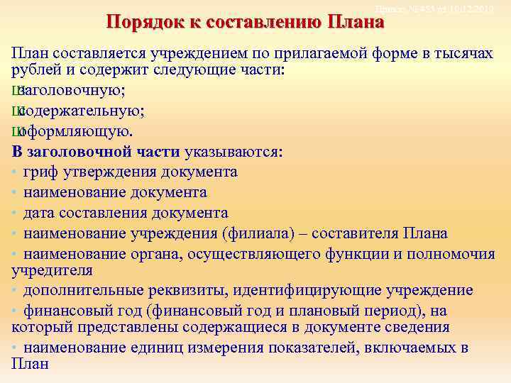 Приказ № 455 от 10. 12. 2010 Порядок к составлению Плана План составляется учреждением